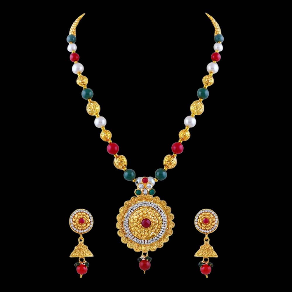 White Stone Gold Plated Matinee Style Necklace Set For Women